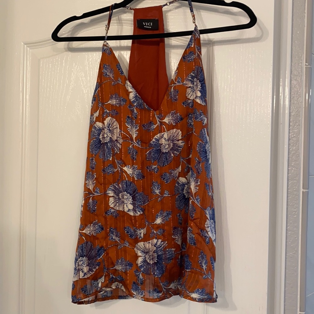 Rust orange, white and blue floral top
